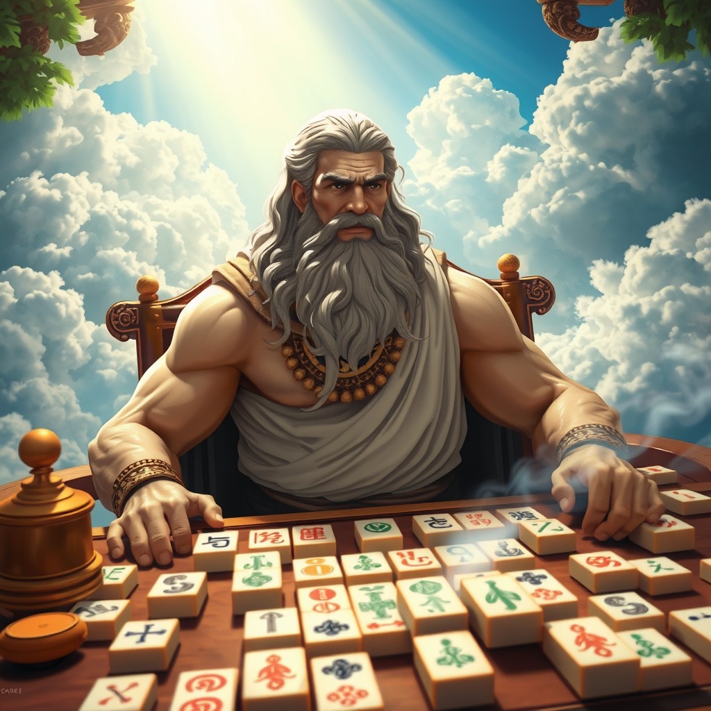 A visually captivating scene featuring Zeus, the god of thunder, sitting relaxed at a traditional mahjong table
