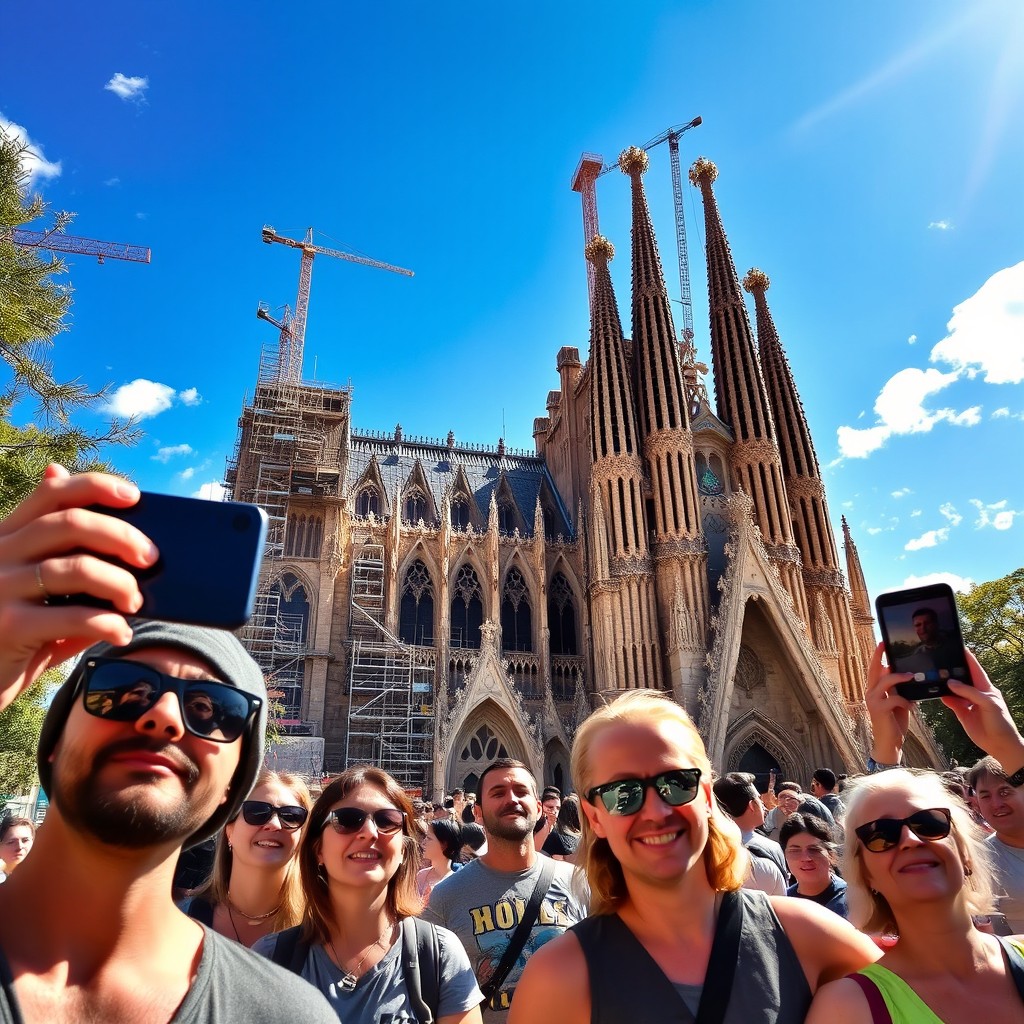 An artistic representation of La Sagrada Familia in Barcelona, featuring its intricate and elaborate architecture, with scaffolding and construction elements visible to illustrate it's still under construction