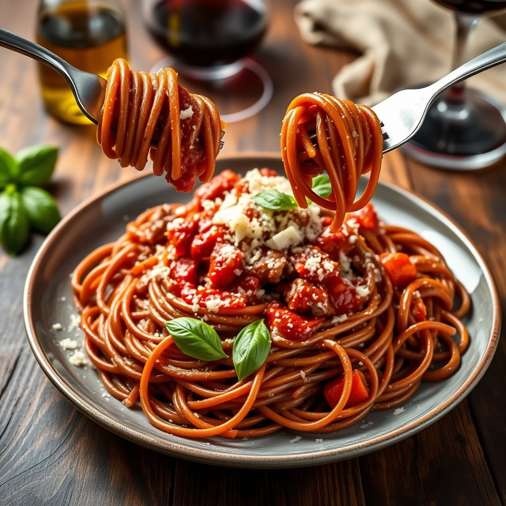 A hearty plate of dark brown spaghetti served with a rich, savory tomato sauce and finely minced beef, artistically garnished with freshly grated Parmesan cheese and a sprinkle of basil leaves