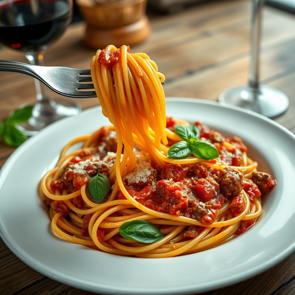 A delicious serving of light brown thin spaghetti elegantly mixed with a rich, hearty tomato sauce that features finely minced beef