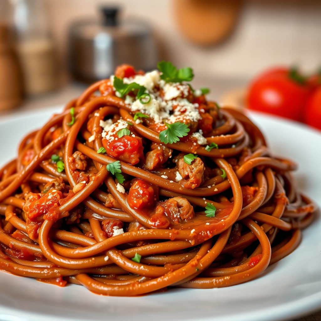 A real, high-quality photograph of a plate of dark brown spaghetti served with a luscious tomato sauce and minced beef