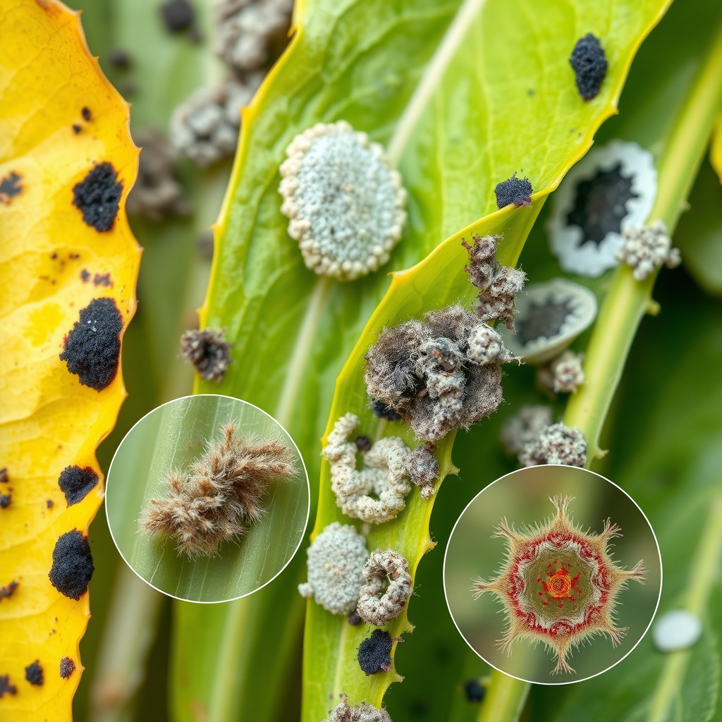 A close-up of various pathogenic overgrowths on plant leaves, featuring distinct fungal, bacterial, and viral infections