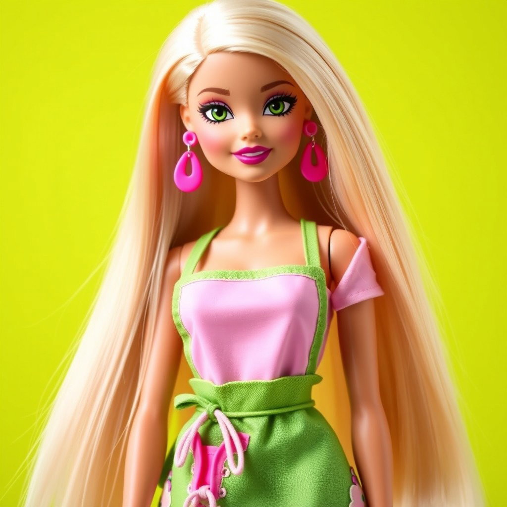 A fashionable Barbie doll depicted with long, straight blonde hair styled with highlights