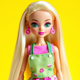 A fashionable Barbie doll depicted with long, straight blonde hair styled with highlights