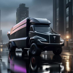 An extraordinary 8K resolution, 1080HP image of a luxurious, innovative concept of a Tesla Cybertruck designed by Rolls Royce. The depiction set against a rain-soaked cityscape, encapsulates future luxury and robustness.