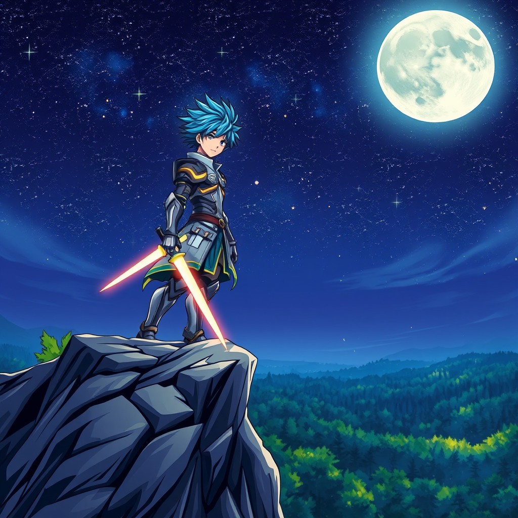 A vibrant and dynamic illustration of a brave anime character standing heroically on a rocky cliff under a starry sky