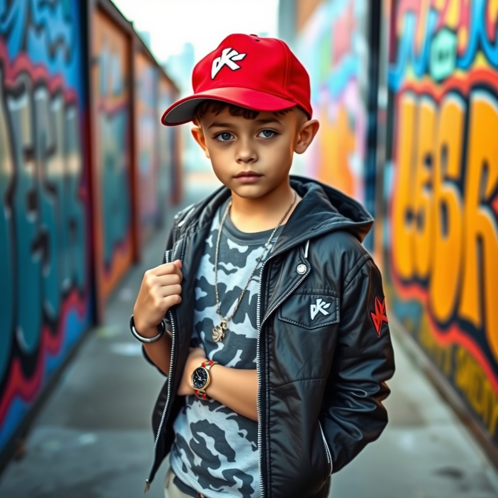 A fashionable young boy wearing stylish designer clothes, featuring a trendy red baseball cap, posed confidently in a vibrant urban setting