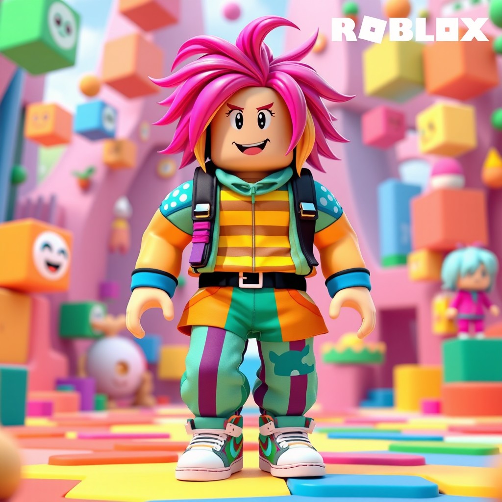 A colorful and lively Roblox character, wearing a unique outfit made of vibrant materials with a sporty vibe