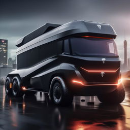 An extraordinary 8K resolution, 1080HP image of a luxurious, innovative concept of a Tesla Cybertruck designed by Rolls Royce. The depiction set against a rain-soaked cityscape, encapsulates future luxury and robustness.