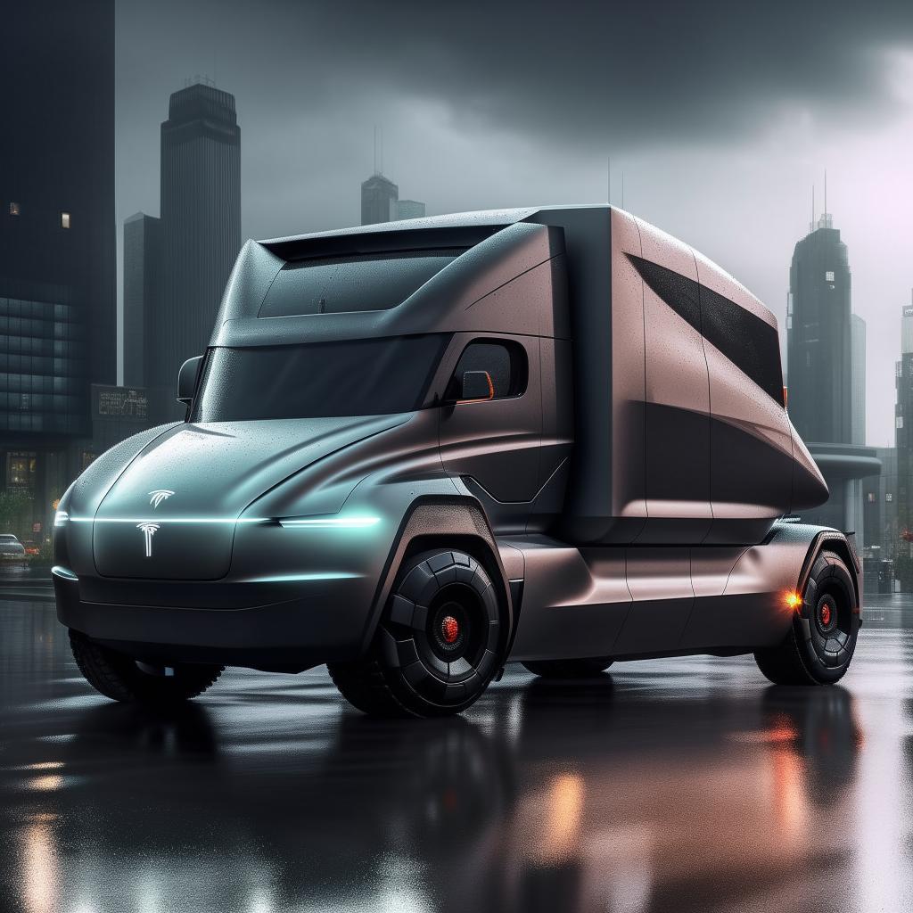 An extraordinary 8K resolution, 1080HP image of a luxurious, innovative concept of a Tesla Cybertruck designed by Rolls Royce. The depiction set against a rain-soaked cityscape, encapsulates future luxury and robustness.