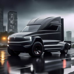 An extraordinary 8K resolution, 1080HP image of a luxurious, innovative concept of a Tesla Cybertruck designed by Rolls Royce. The depiction set against a rain-soaked cityscape, encapsulates future luxury and robustness.