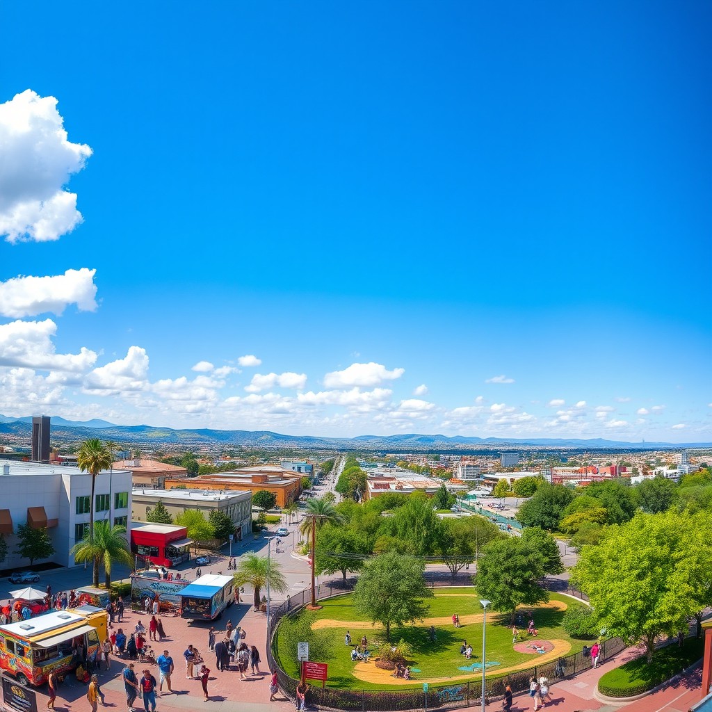 A panoramic view of Del Paso, California, showcasing a vibrant urban landscape