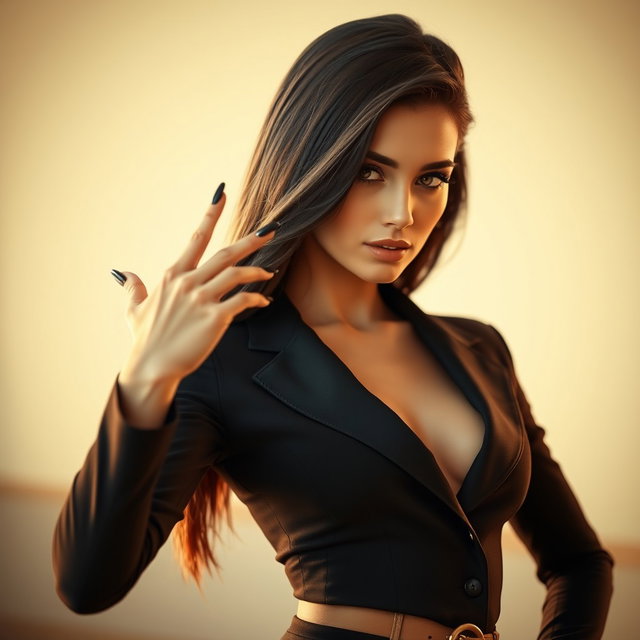 A very slim brunette woman with long black nails, striking a confident pose