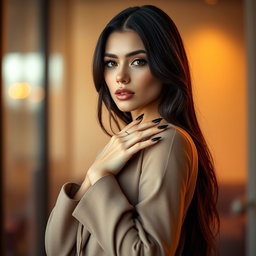 A very slim brunette woman with long black nails, striking a confident pose