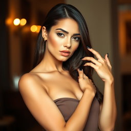 A very slim brunette woman with long black nails, striking a confident pose