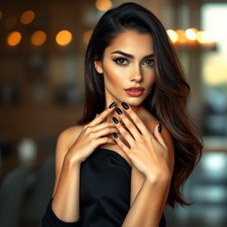A very slim brunette woman with long black nails, striking a confident pose