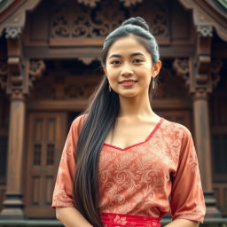 A stunning 30-year-old Indonesian woman posing gracefully in a traditional Javanese kebaya, characterized by a slightly open neckline that tastefully highlights her figure