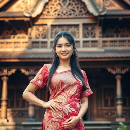 A stunning 30-year-old Indonesian woman posing gracefully in a traditional Javanese kebaya, characterized by a slightly open neckline that tastefully highlights her figure