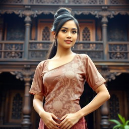 A stunning 30-year-old Indonesian woman posing gracefully in a traditional Javanese kebaya, characterized by a slightly open neckline that tastefully highlights her figure