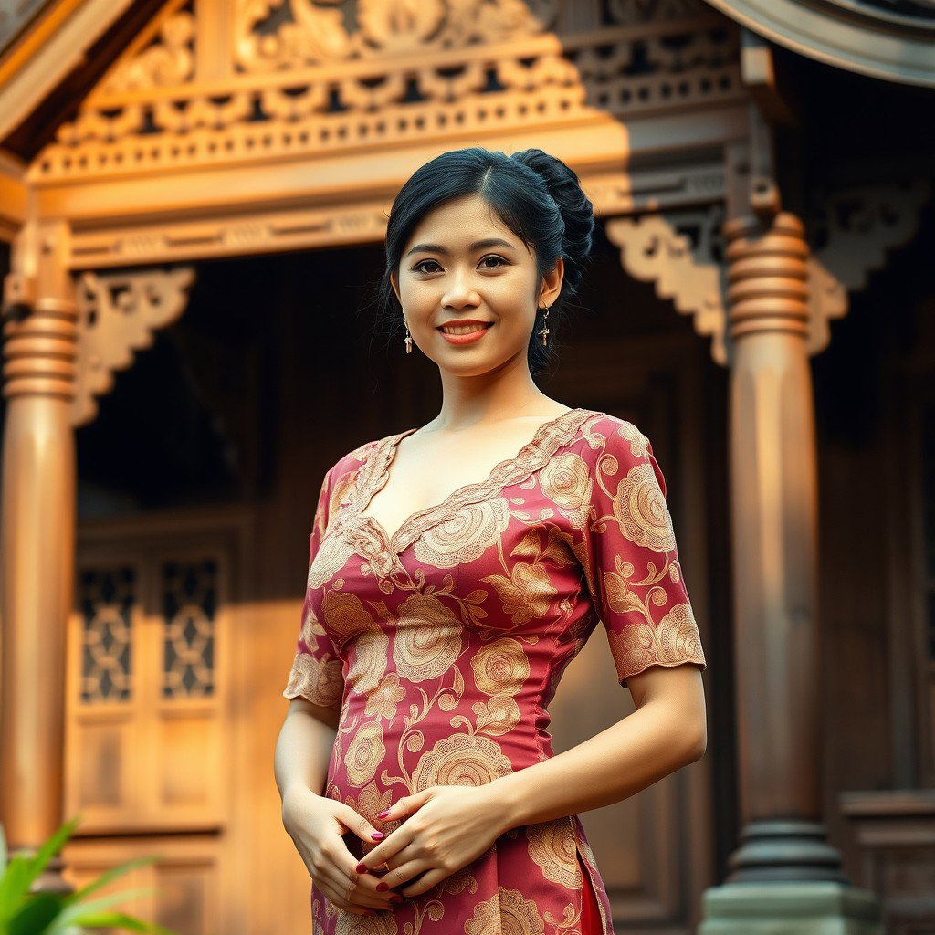 A beautiful 30-year-old Indonesian woman stands proudly in a traditional Javanese kebaya, showcasing a slightly open neckline that elegantly highlights her curves