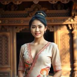 A beautiful 30-year-old Indonesian woman stands proudly in a traditional Javanese kebaya, showcasing a slightly open neckline that elegantly highlights her curves