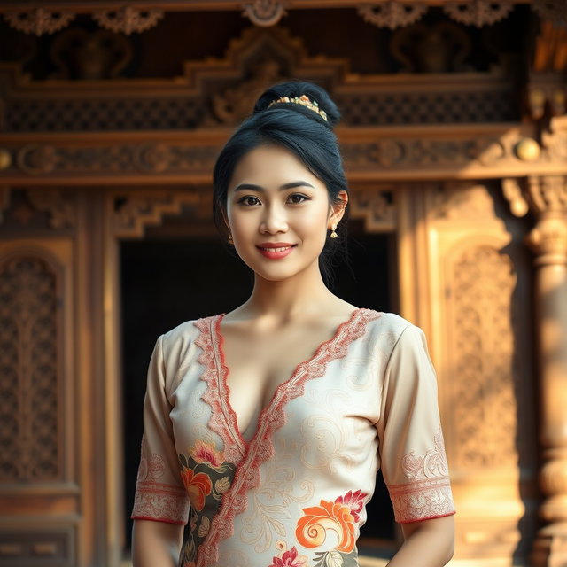 A beautiful 30-year-old Indonesian woman stands proudly in a traditional Javanese kebaya, showcasing a slightly open neckline that elegantly highlights her curves