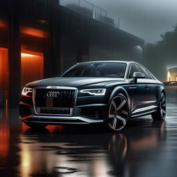 An impressive 8K resolution, 1080HP picture quality envisioning of a new, unheard-of luxurious Audi designed by Rolls Royce. Seen against a rain-laden backdrop, the image encapsulates a crossroad of innovative luxury and design excellence.