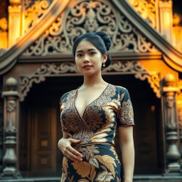 A beautiful 30-year-old Indonesian woman stands confidently in a traditional Javanese kebaya, which features a revealing neckline that accentuates her voluptuous figure