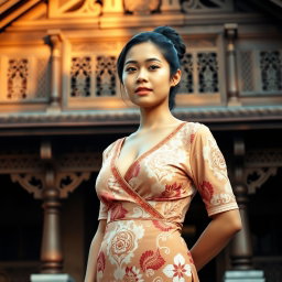 A beautiful 30-year-old Indonesian woman stands confidently in a traditional Javanese kebaya, which features a revealing neckline that accentuates her voluptuous figure