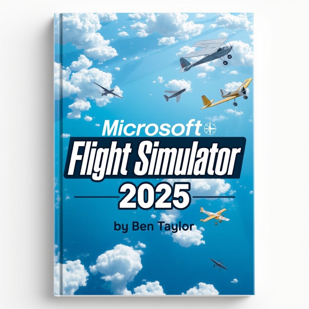 A visually striking cover design for 'Microsoft Flight Simulator 2025 Manual' by Ben Taylor, tailored for aspiring aviators