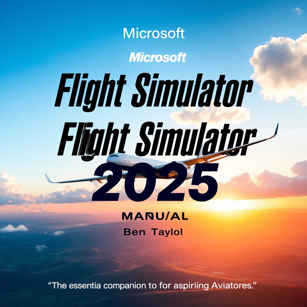 A beautifully designed cover for a flight simulator manual titled 'Microsoft Flight Simulator 2025 Manual by Ben Taylor'