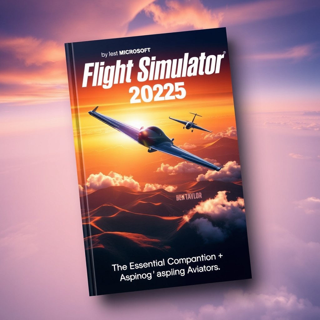A visually striking book cover for 'Microsoft Flight Simulator 2025 Manual by Ben Taylor'