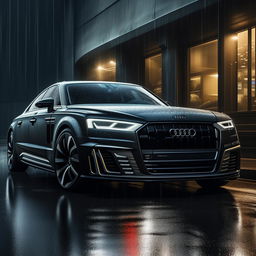 An impressive 8K resolution, 1080HP picture quality envisioning of a new, unheard-of luxurious Audi designed by Rolls Royce. Seen against a rain-laden backdrop, the image encapsulates a crossroad of innovative luxury and design excellence.