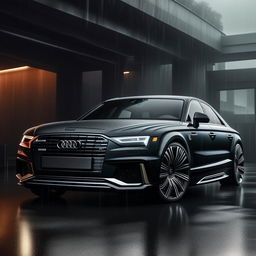 An impressive 8K resolution, 1080HP picture quality envisioning of a new, unheard-of luxurious Audi designed by Rolls Royce. Seen against a rain-laden backdrop, the image encapsulates a crossroad of innovative luxury and design excellence.