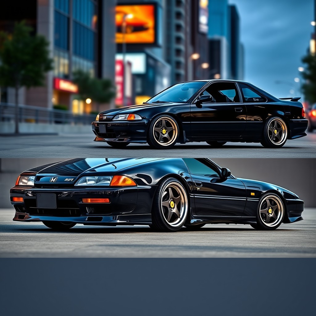 A customized 1994 Honda Accord in sleek black color with an elegant and sporty stance, featuring stylish 17-inch Ferrari wheels that add a touch of luxury
