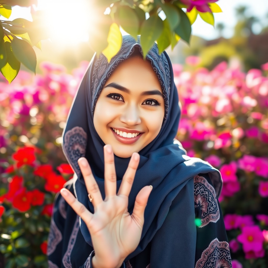 A stylish young woman wearing a beautifully designed hijab in an outdoor setting, surrounded by vibrant colorful flowers
