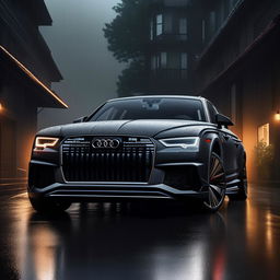 An impressive 8K resolution, 1080HP picture quality envisioning of a new, unheard-of luxurious Audi designed by Rolls Royce. Seen against a rain-laden backdrop, the image encapsulates a crossroad of innovative luxury and design excellence.