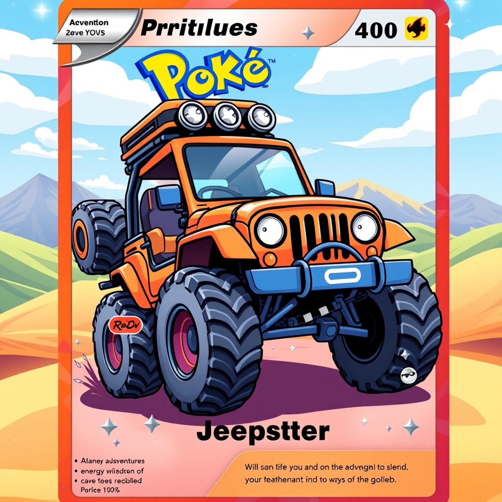 A vibrant Pokémon-style trading card featuring a rugged, adventurous jeep as the main character