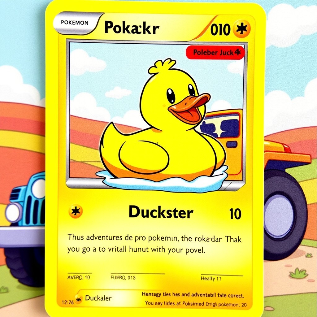 A playful Pokémon-style trading card featuring a cheerful rubber duck as the main character, set against a colorful jeep in the background