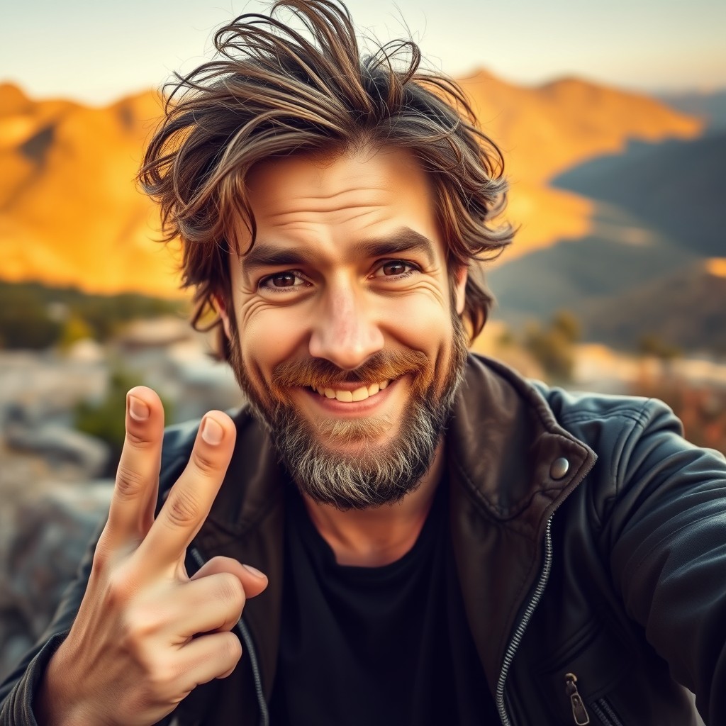 A rugged looking man taking a selfie, with a confident smile on his face while holding up three fingers