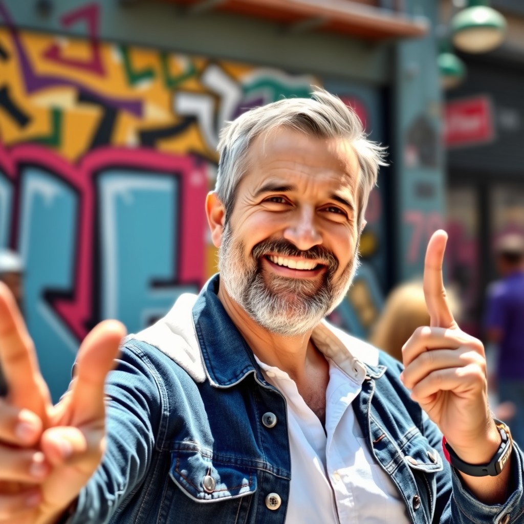 A man in his 40s taking selfies for Instagram, looking cheerful and relaxed while holding up three fingers