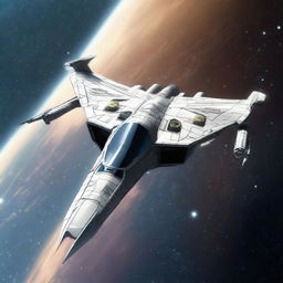 A detailed and futuristic Poco-class starfighter jet with sleek lines, intricate designs and advanced technology. The spaceship is set against a vast, star-filled space backdrop.