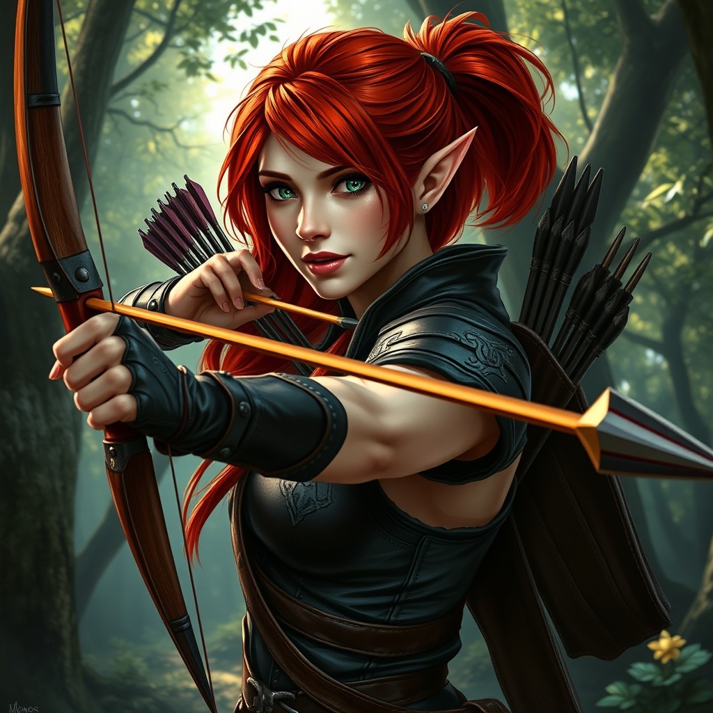 A stunning red-haired half-elf female rogue, expertly wielding a bow and arrow, dressed in sleek and stylish rogue attire featuring dark leather armor with intricate details, equipped with a quiver full of arrows slung across her back