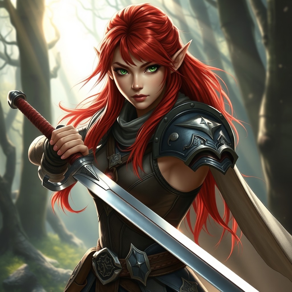 A striking female half-elf fighter with vibrant red hair, wearing a detailed and balanced set of armor that accentuates her figure