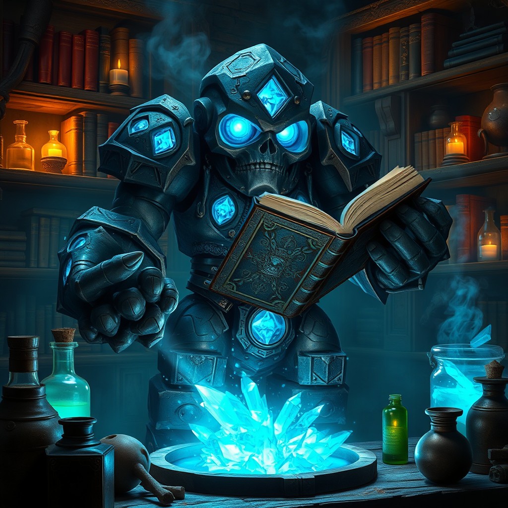 A fantasy scene featuring a majestic golem alchemist, crafted from dark stone and clay, with intricately embedded shining blue crystals glowing richly throughout its body
