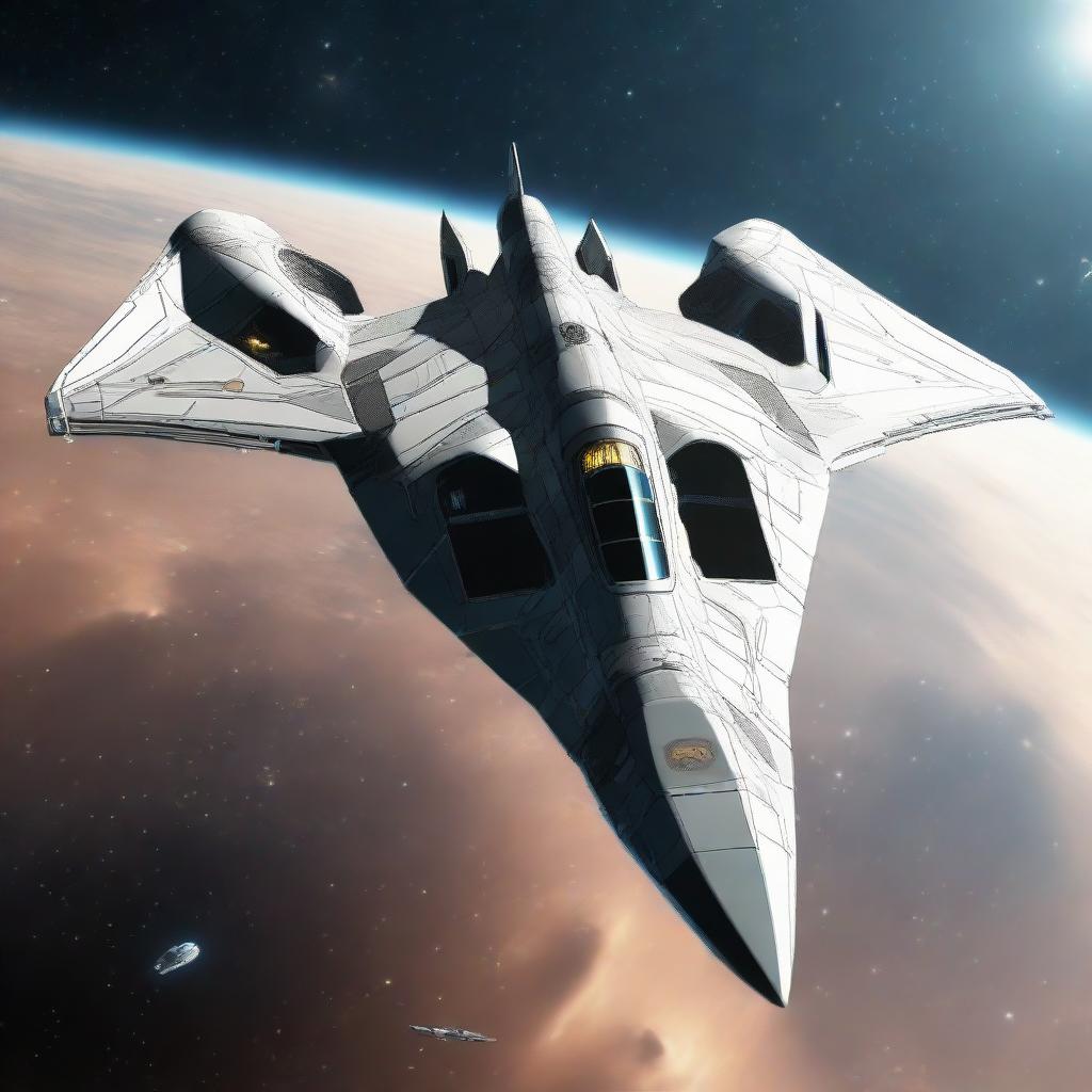 A detailed and futuristic Poco-class starfighter jet with sleek lines, intricate designs and advanced technology. The spaceship is set against a vast, star-filled space backdrop.