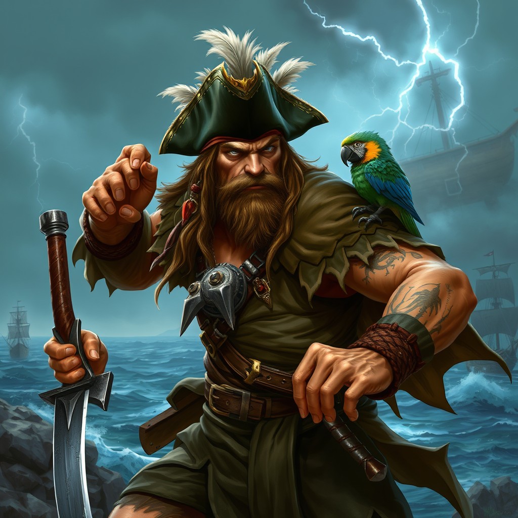 A fierce human pirate character in a fantasy Warcraft style, featuring rugged clothing, a tattered cape, and a tricorn hat adorned with feathers