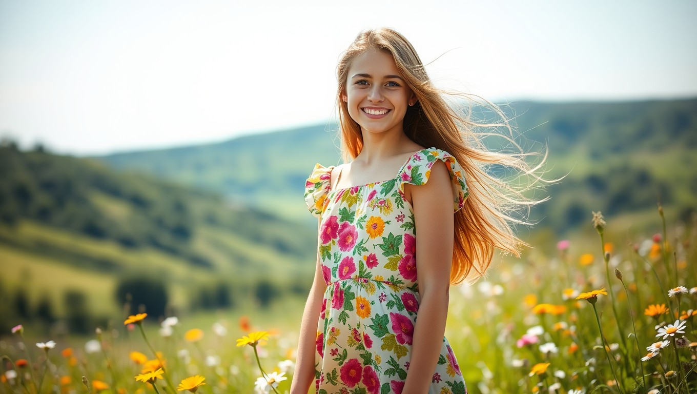 A vibrant portrait of a young woman with long flowing hair, wearing a colorful summer dress adorned with floral patterns