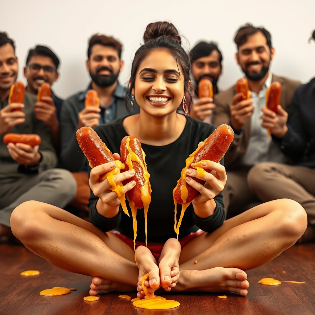 A vibrant scene featuring a hot Pakistani woman, 18 years old, with her hair styled in a bun and two playful strands framing her face