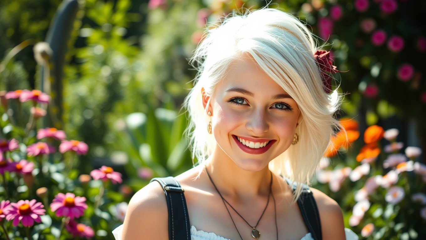 A stunning young blonde female with striking white hair, radiating a vibrant aura